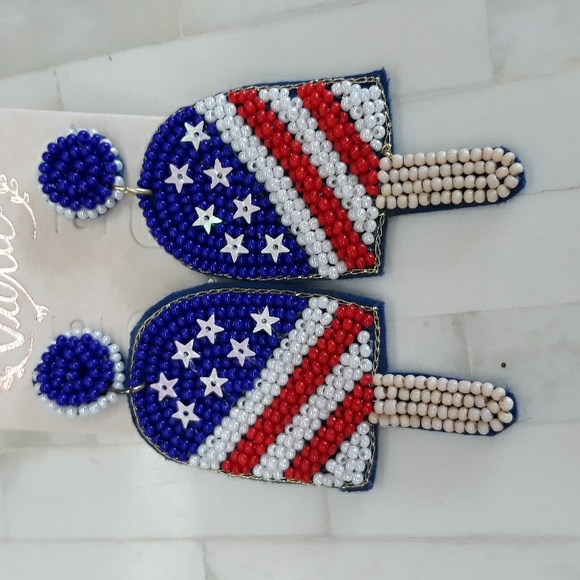 SEED BEAD STARS AND STRIPES EARRING #2 - Picture 2 of 6